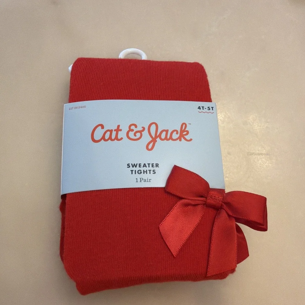 Cat & Jack Toddler Girl Size 4T-5T Sweater Tights-Red w/ Bow New in Package